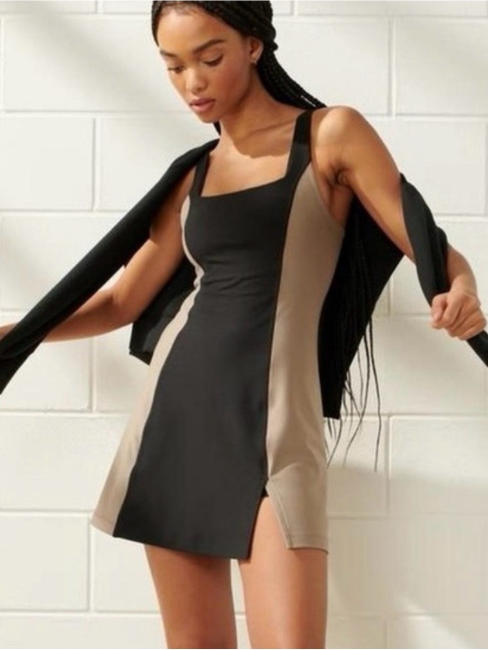 Square Neck Colorblock Mini Dress in Black & Taupe